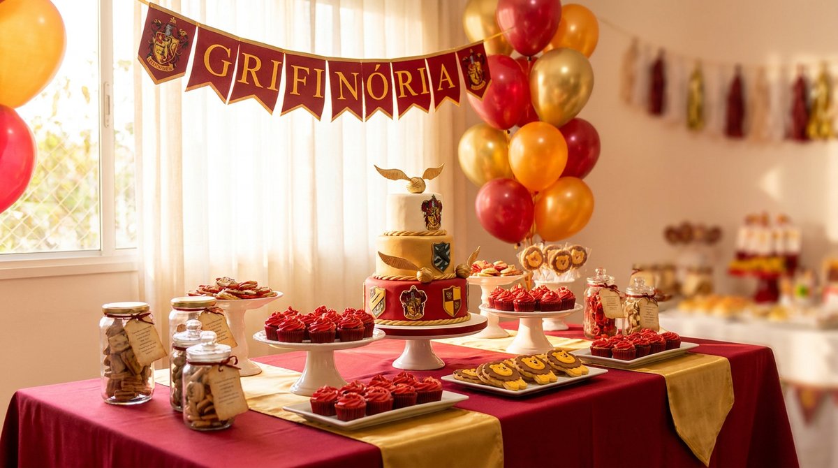 Festa Harry Potter Grifinória: Vermelho e Dourado em Todo Lugar