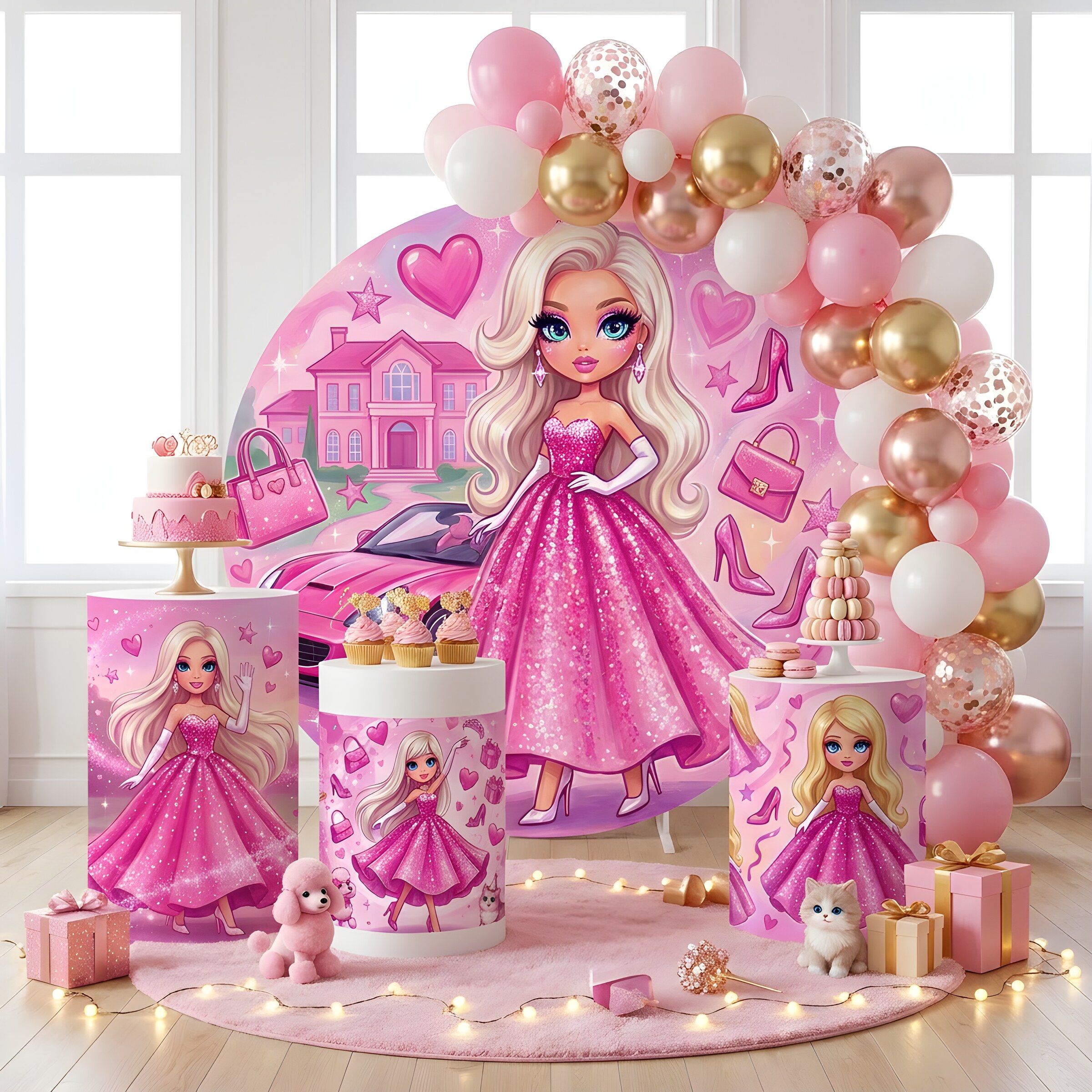 Painel Redondo Barbie + 3 Cilindros Decorativos (COD: 1087)