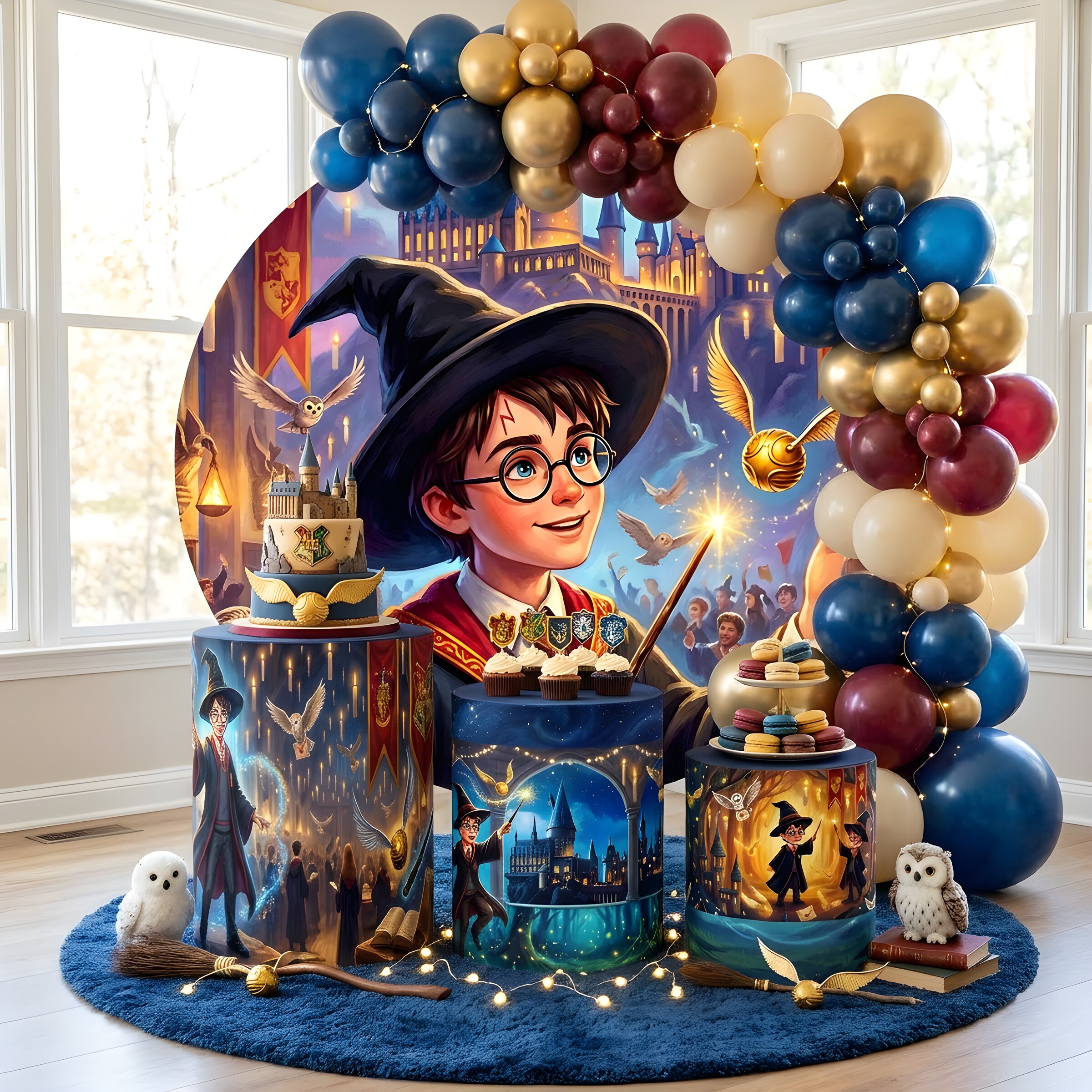 Painel Redondo Harry Potter Hogwarts + 3 Cilindros Decorativos (COD: 1100)