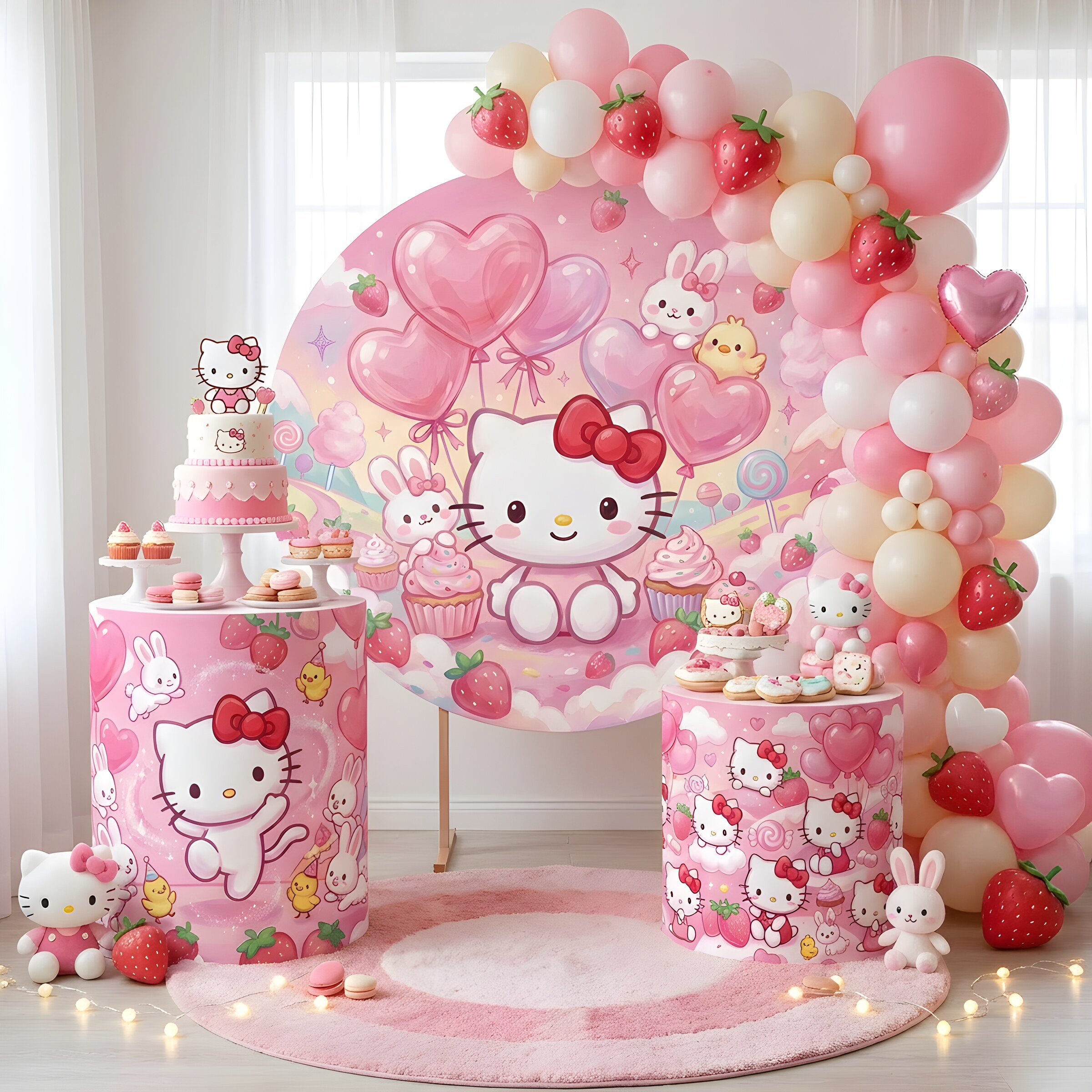 Painel Redondo Hello Kitty + 3 Cilindros Decorativos (COD: 1083)